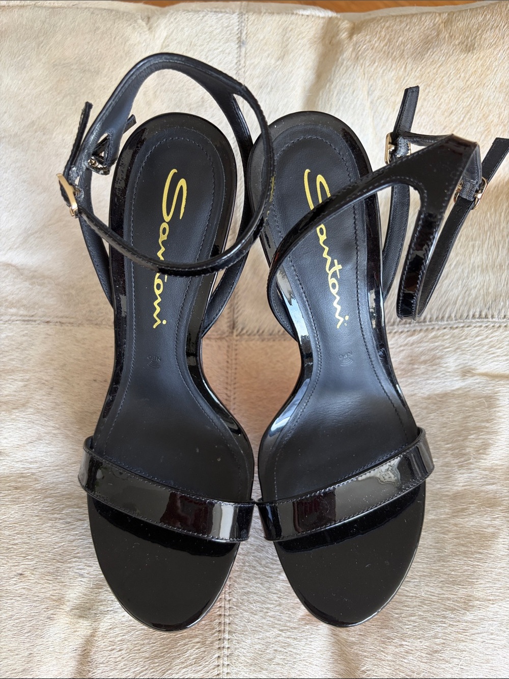 Santoni Black Patent Leather Strappy High-Heel Sandals